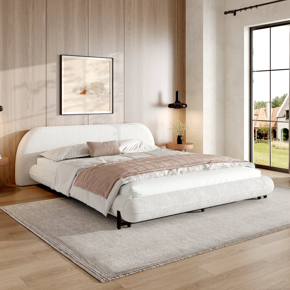 Queen Size Upholstered Bed Frame with Boucle Fabric and Steel Legs by HouseOfZazla cream on Tampa Home & Garden Store