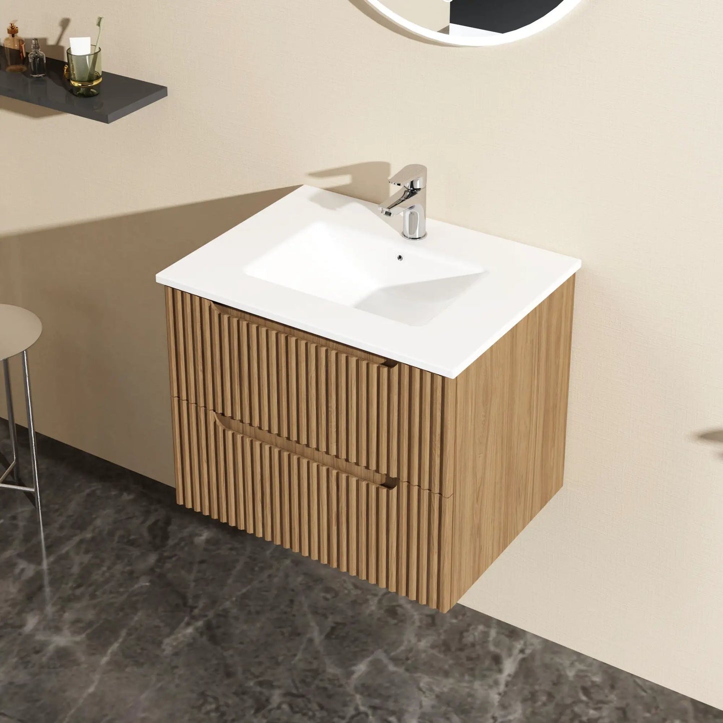 Wall mounted vanity & sink with wood cabinet and chrome faucet on Tampa Home & Garden Store