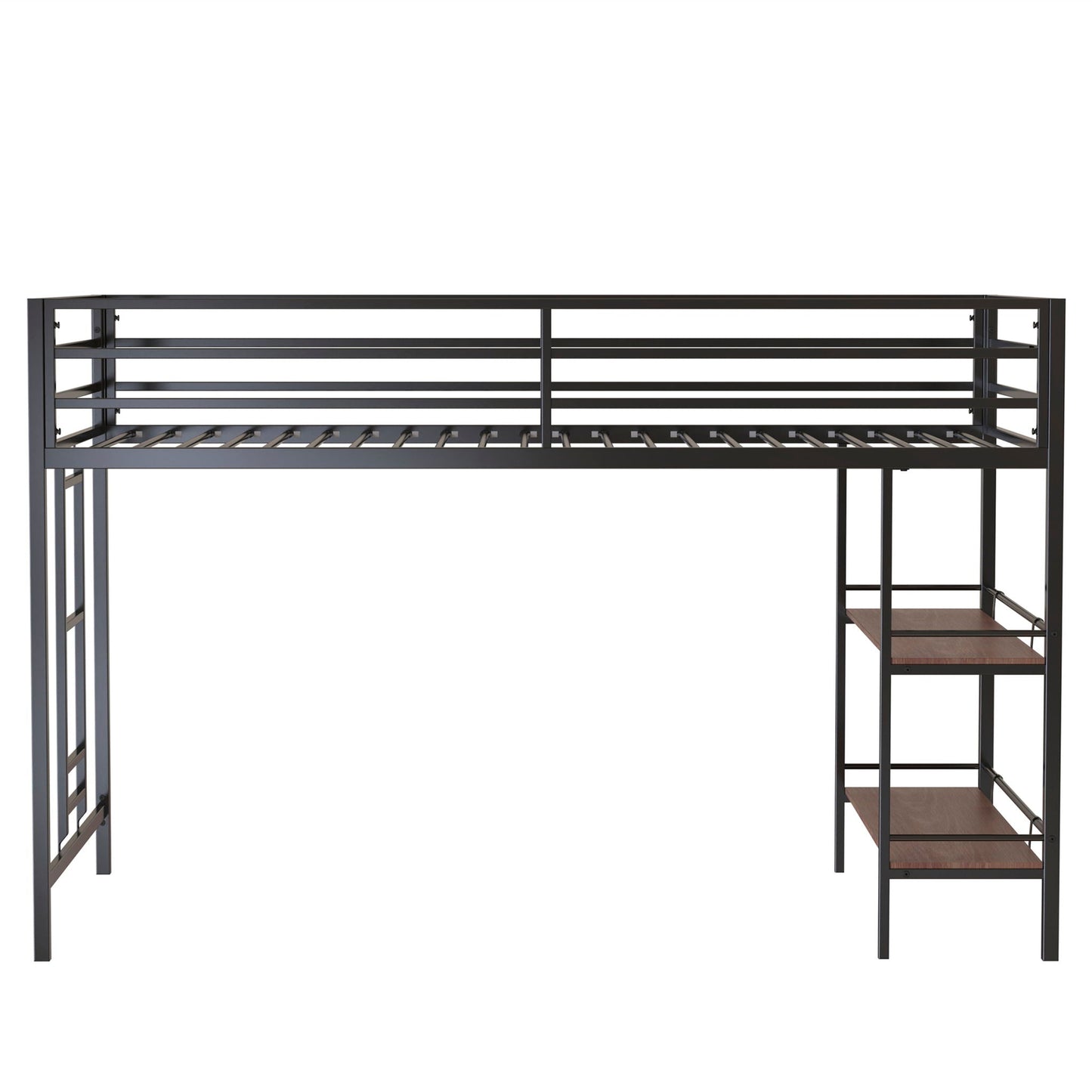 Adam twin loft bunk bed in black metal with cinnamon wood shelf stairs on Tampa Home & Garden Store