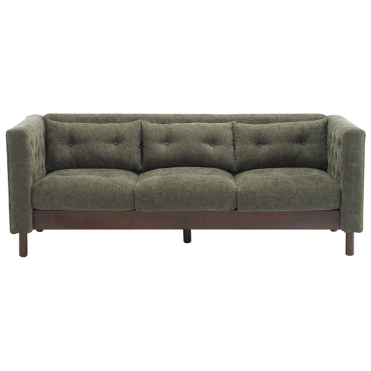 Upholstered modern 3-seater sofa with tufted cushions in gray-green fabric on Tampa Home & Garden Store