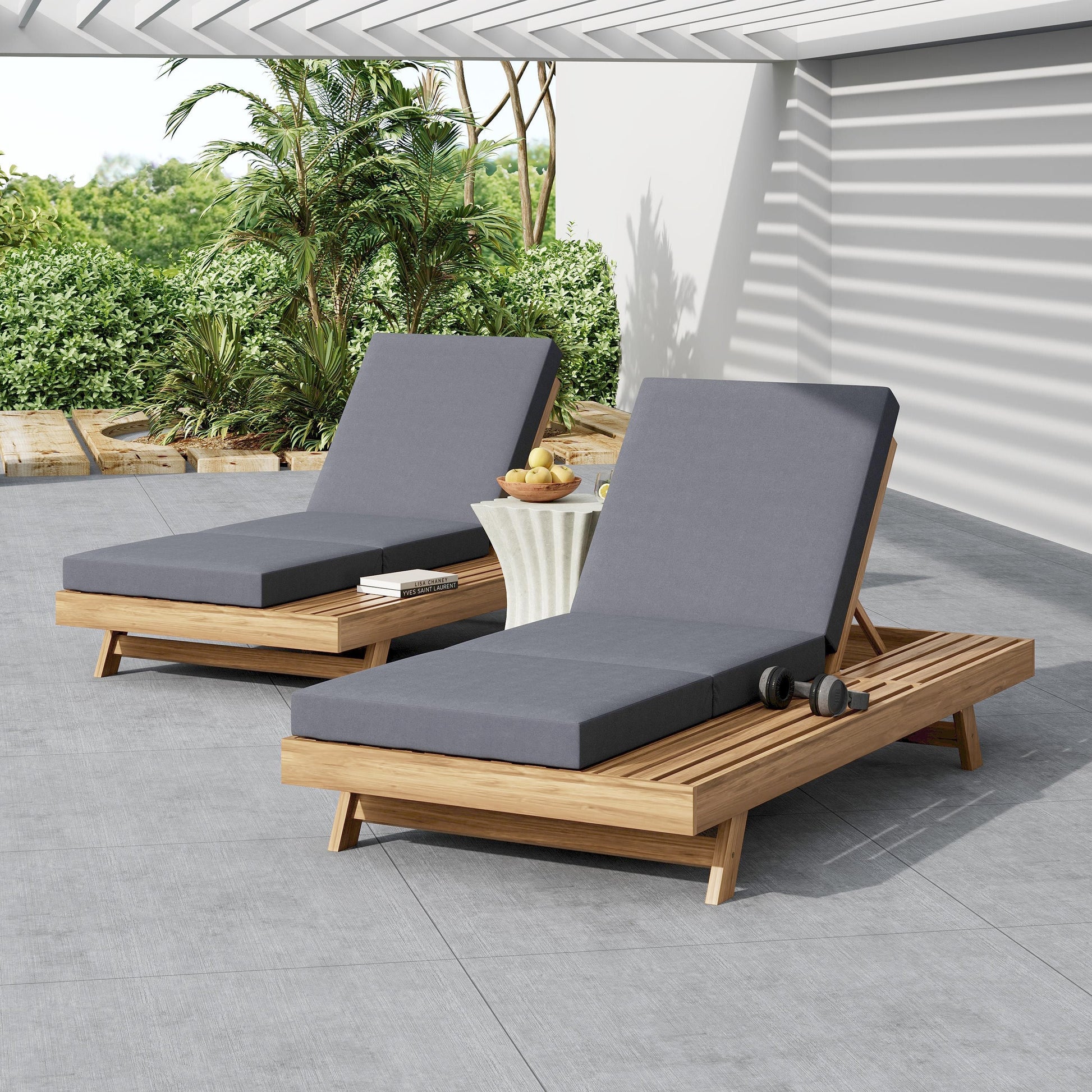 Outdoor lounge chaise set with two gray cushioned sun loungers on wooden frames by HouseOfZazla on Tampa Home & Garden Store