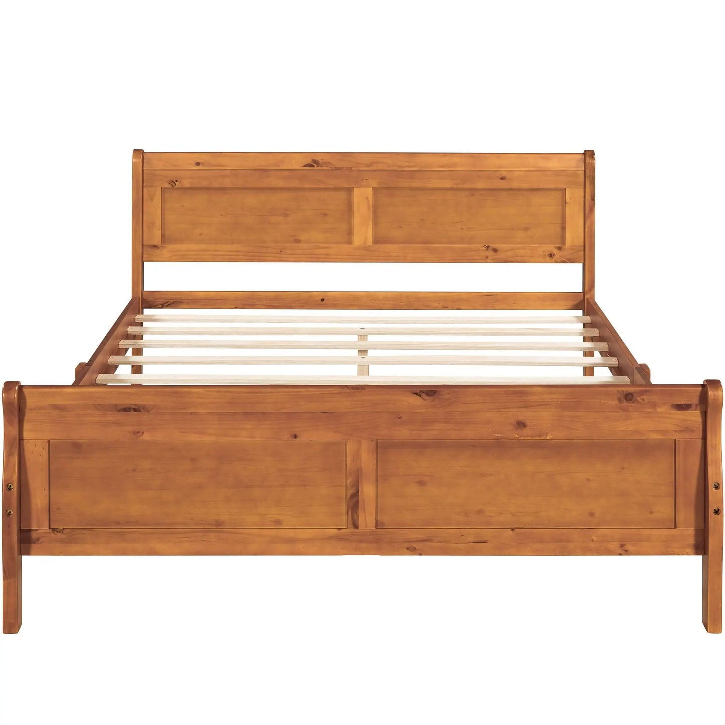 Platform bed frame with solid wood headboard and footboard in warm pine finish, slat support visible on Tampa Home & Garden Store