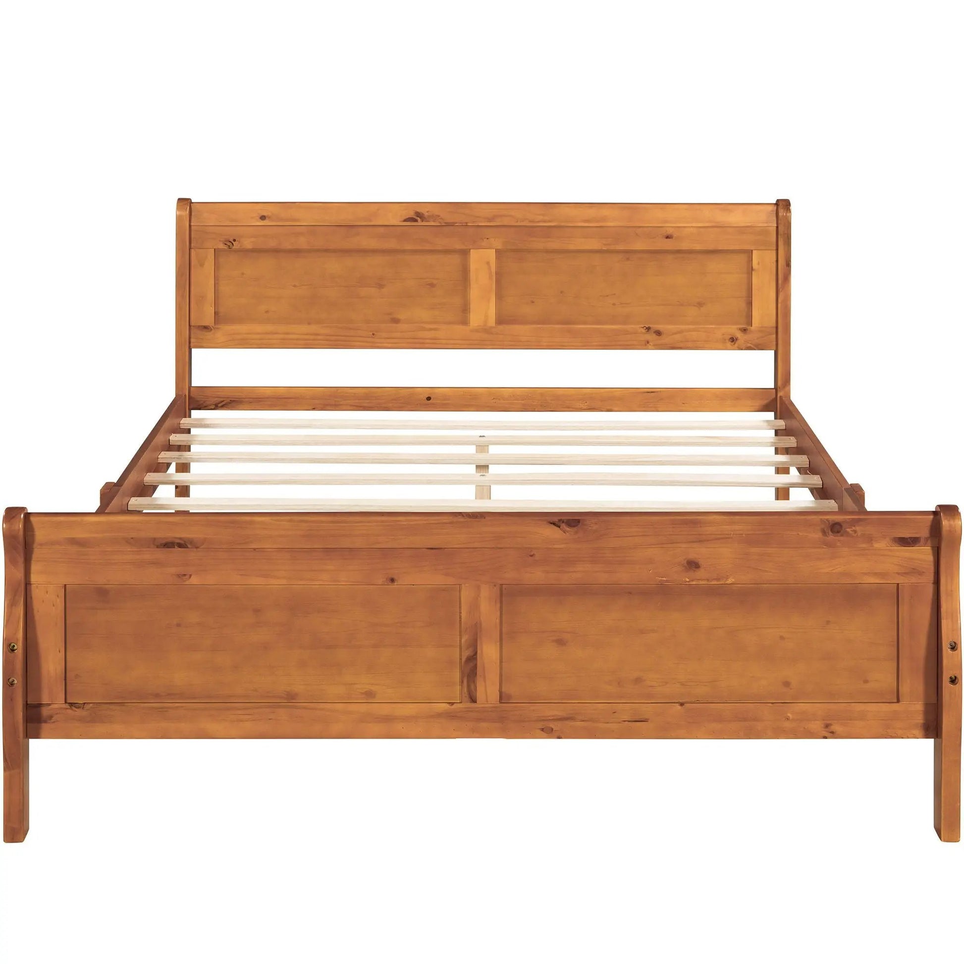 Platform bed frame with solid wood headboard and footboard in warm pine finish, slat support visible on Tampa Home & Garden Store