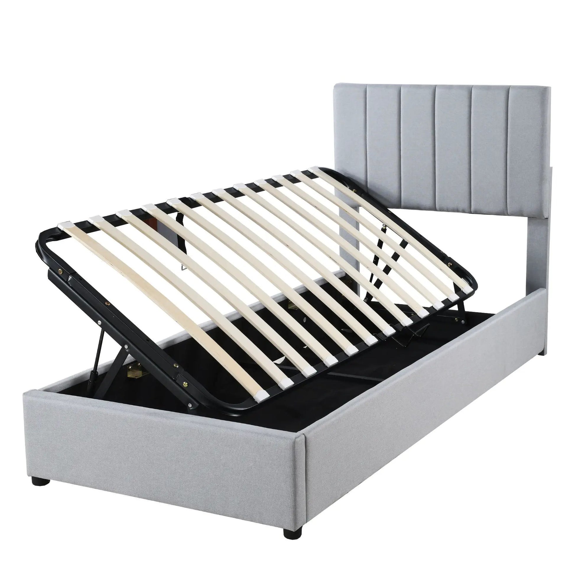 Upholstered platform bed with hydraulic storage, gray headboard, black metal frame on Tampa Home & Garden Store