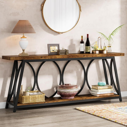 Extra Long Console Table with 2-Tier Storage Shelves, brown wood top and black metal frame on Tampa Home & Garden Store
