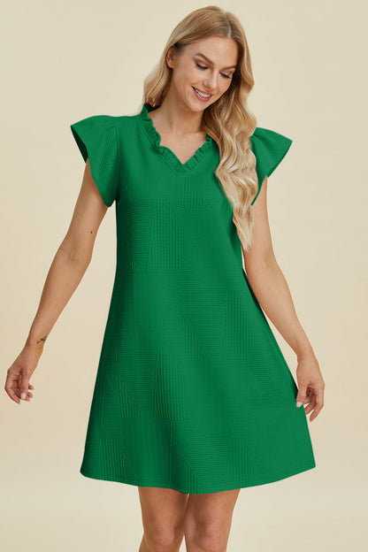 Double Take full-size green Ruffled V-Neck cap-sleeve dress with geometric panels on Tampa Home & Garden Store