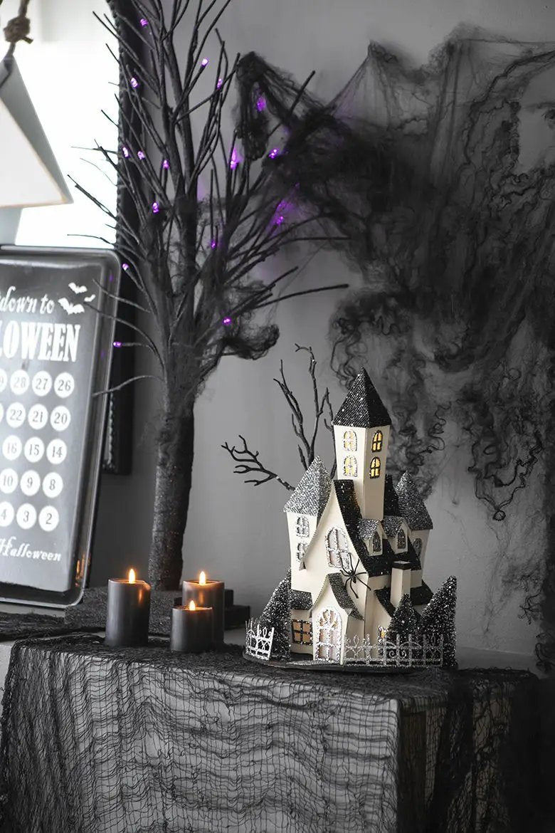 Cardboard Lighted Haunted House beige black with glitter roofs battery-powered Halloween decor on Tampa Home & Garden Store