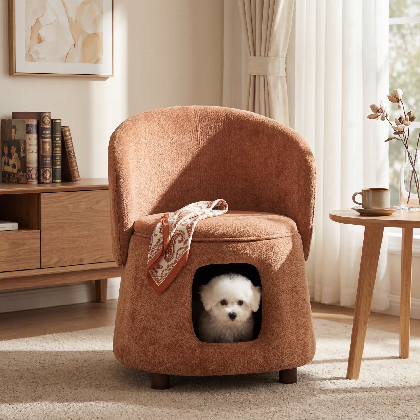 Orange pet friendly chair with hidden pet nook and storage under seat on Tampa Home & Garden Store