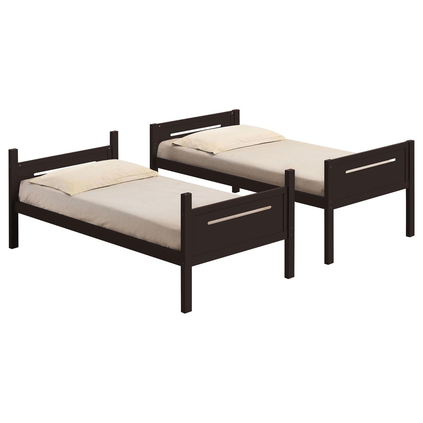 HouseOfZazla bunk beds pair in dark espresso wood with beige mattresses on Tampa Home & Garden Store