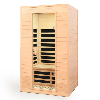 Hemlock infrared sauna cabinet with glass door, light brown wood and built-in benches on Tampa Home & Garden Store