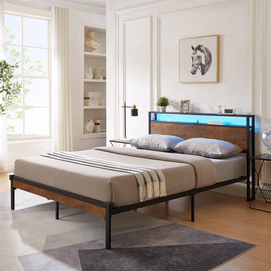 Metal platform bed frames with wooden headboard and footboard, black metal frame, two beds on Tampa Home & Garden Store