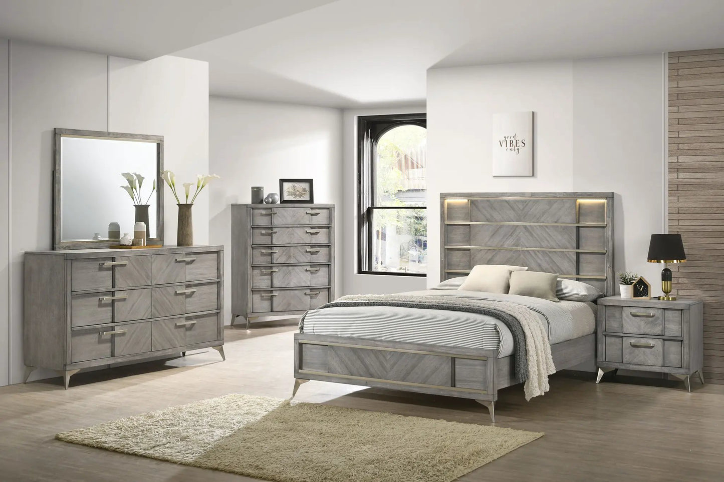 Storage Bed with Bookmatched Veneer and Drawers