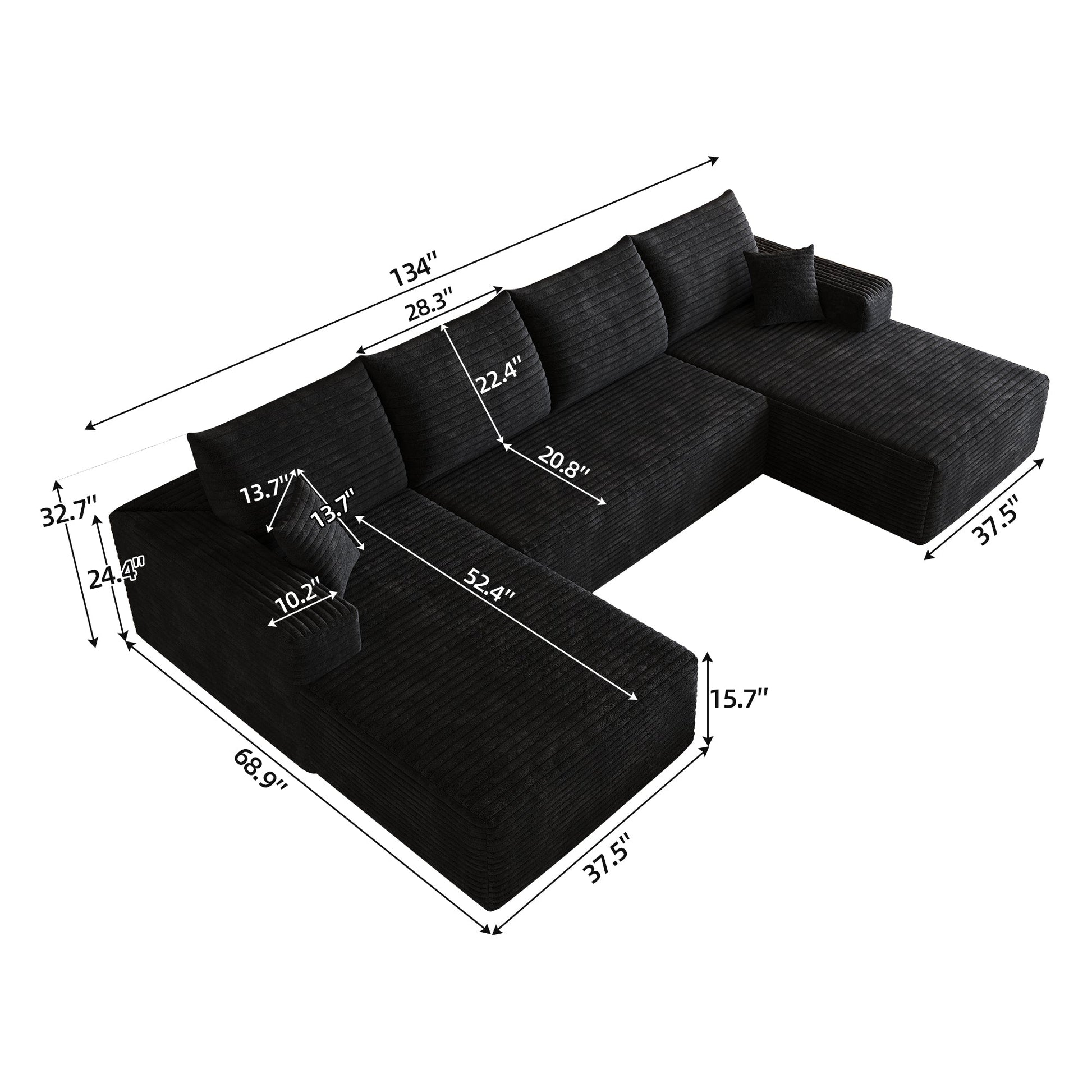 134-inch Cloud Sectional Sofa by HouseOfZazla in black corduroy fabric with multiple seats on Tampa Home & Garden Store