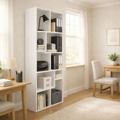 Etageres Asymmetrical Display Shelf & Bookcase, 5-Tier, white wood with black desk lamp on Tampa Home & Garden Store