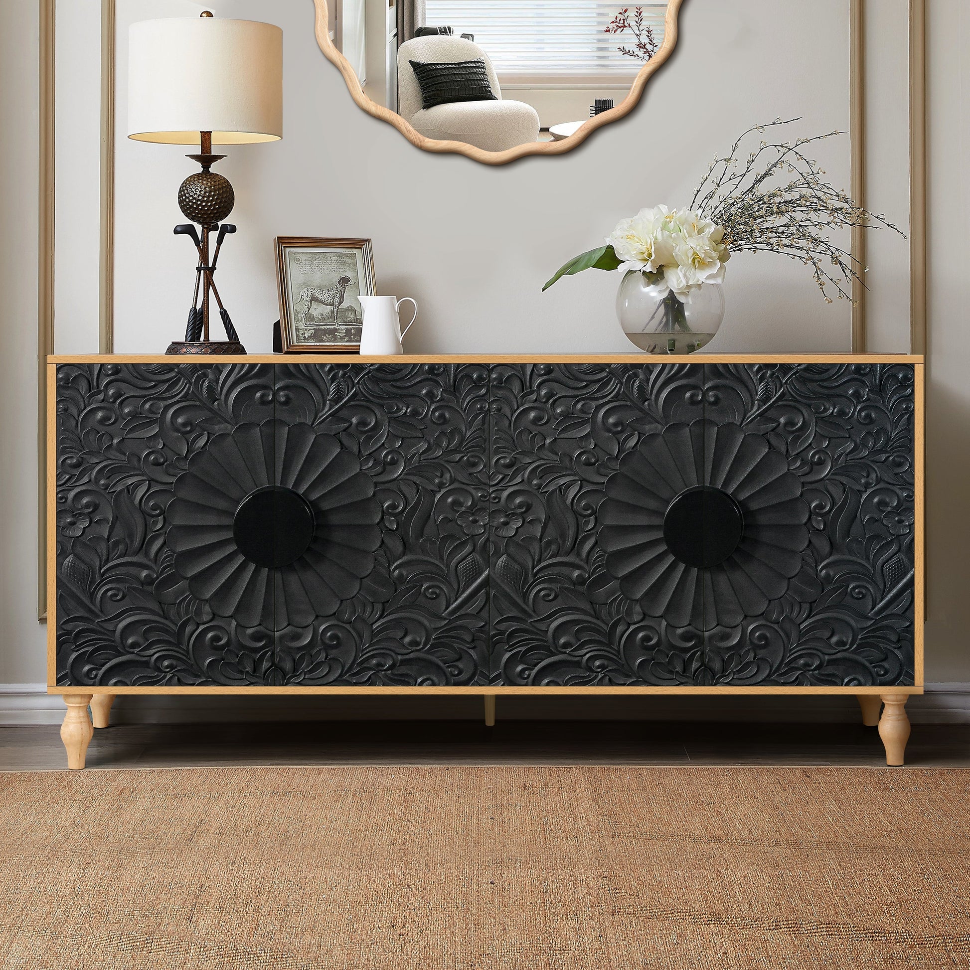 Black carved TV stand with symmetrical design and wood-coloured frame by HouseOfZazla on Tampa Home & Garden Store