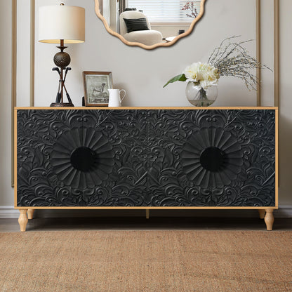 Black carved TV stand with symmetrical design and wood-coloured frame by HouseOfZazla on Tampa Home & Garden Store