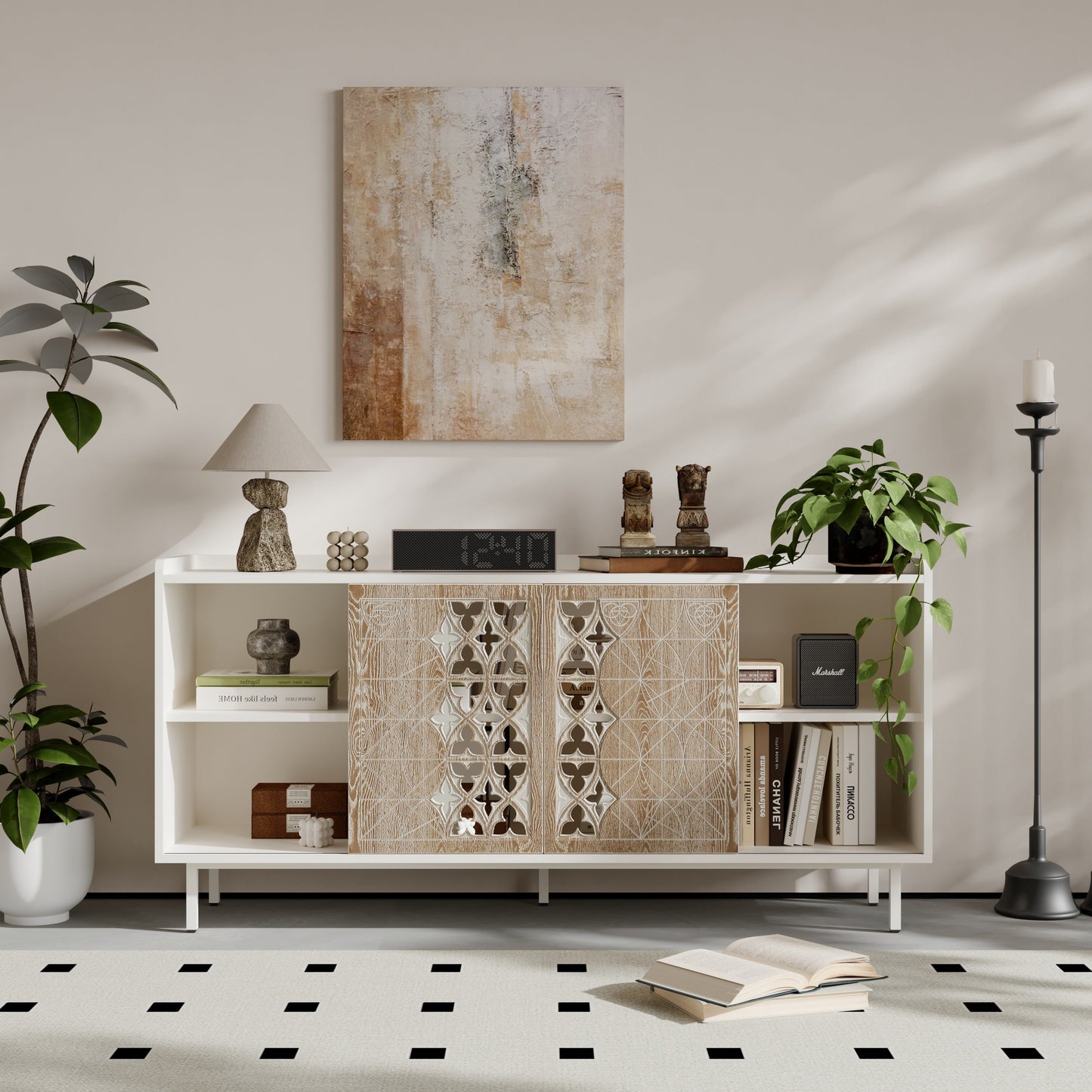 Sicotas Mid Century Sideboard beige wood with carved lattice doors HouseOfZazla on Tampa Home & Garden Store