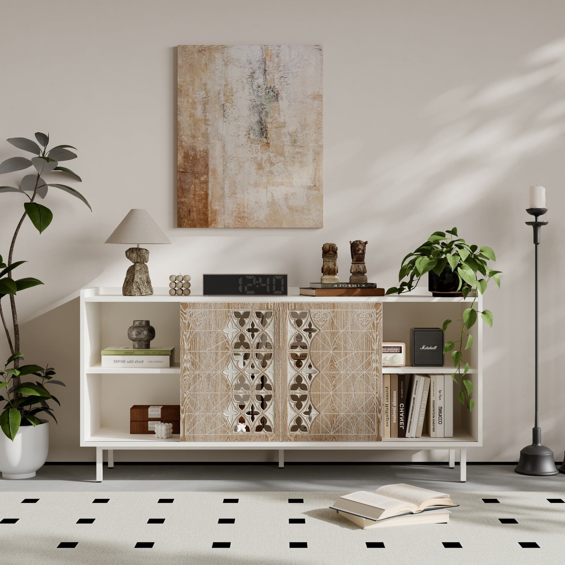 Sicotas Mid Century Sideboard beige wood with carved lattice doors HouseOfZazla on Tampa Home & Garden Store