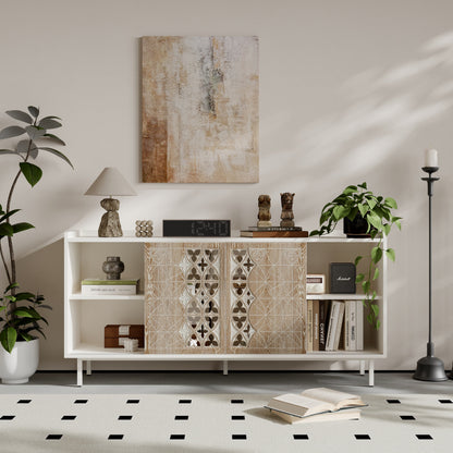 Sicotas Mid Century Sideboard beige wood with carved lattice doors HouseOfZazla on Tampa Home & Garden Store