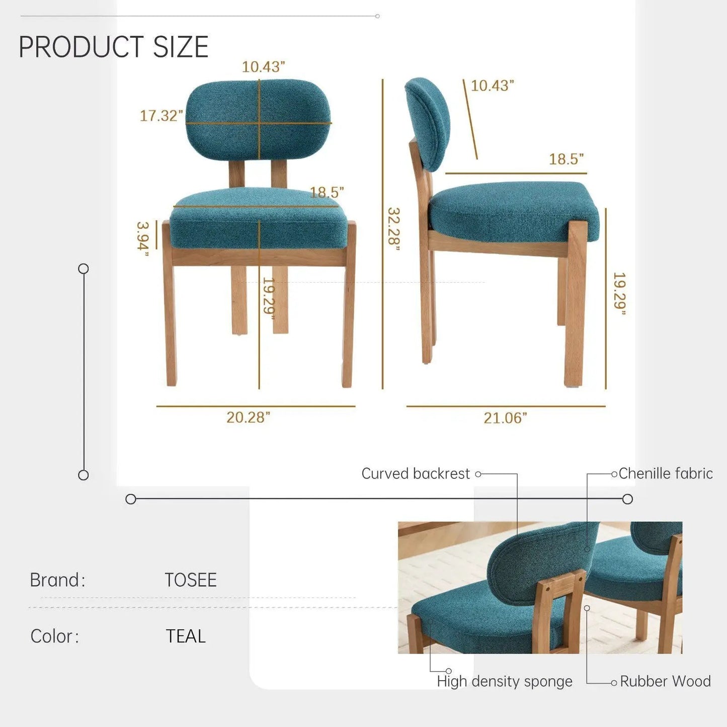 Dining chairs set of 2 with teal chenille fabric and curved backrest on wooden legs on Tampa Home & Garden Store
