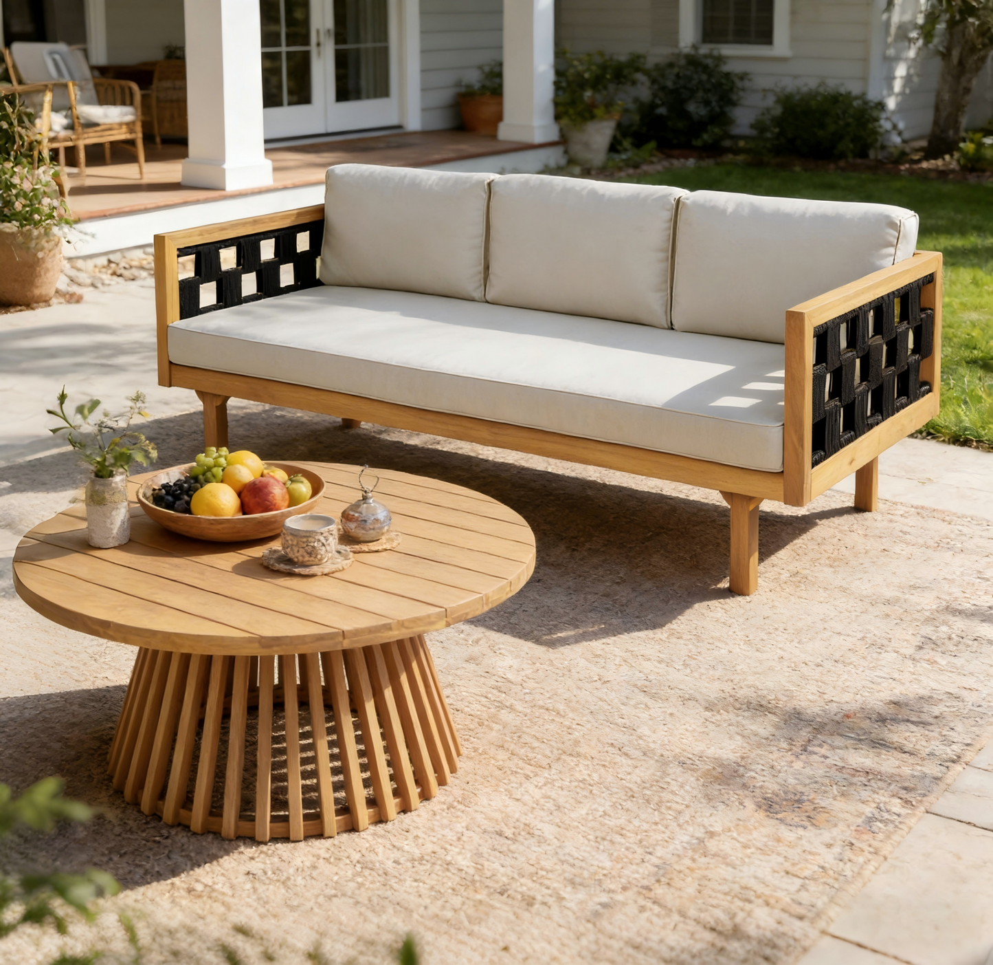 Luxury Acacia Wood Outdoor Daybed Set with cream cushions by HouseOfZazla on Tampa Home & Garden Store
