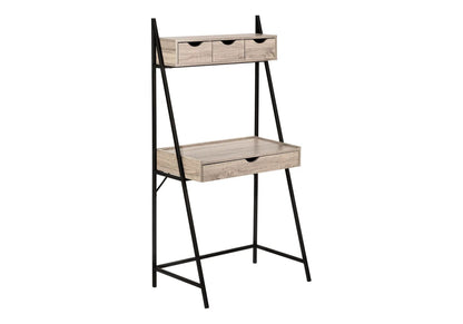 Computer desk in light oak with black metal ladder frame, top 3 small drawers and bottom drawer on Tampa Home & Garden Store