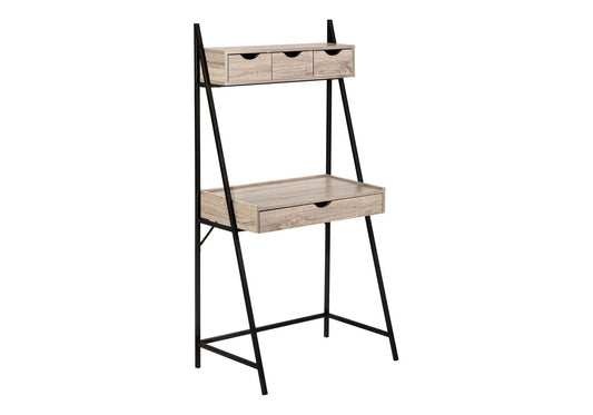Computer desk in light oak with black metal ladder frame, top 3 small drawers and bottom drawer on Tampa Home & Garden Store