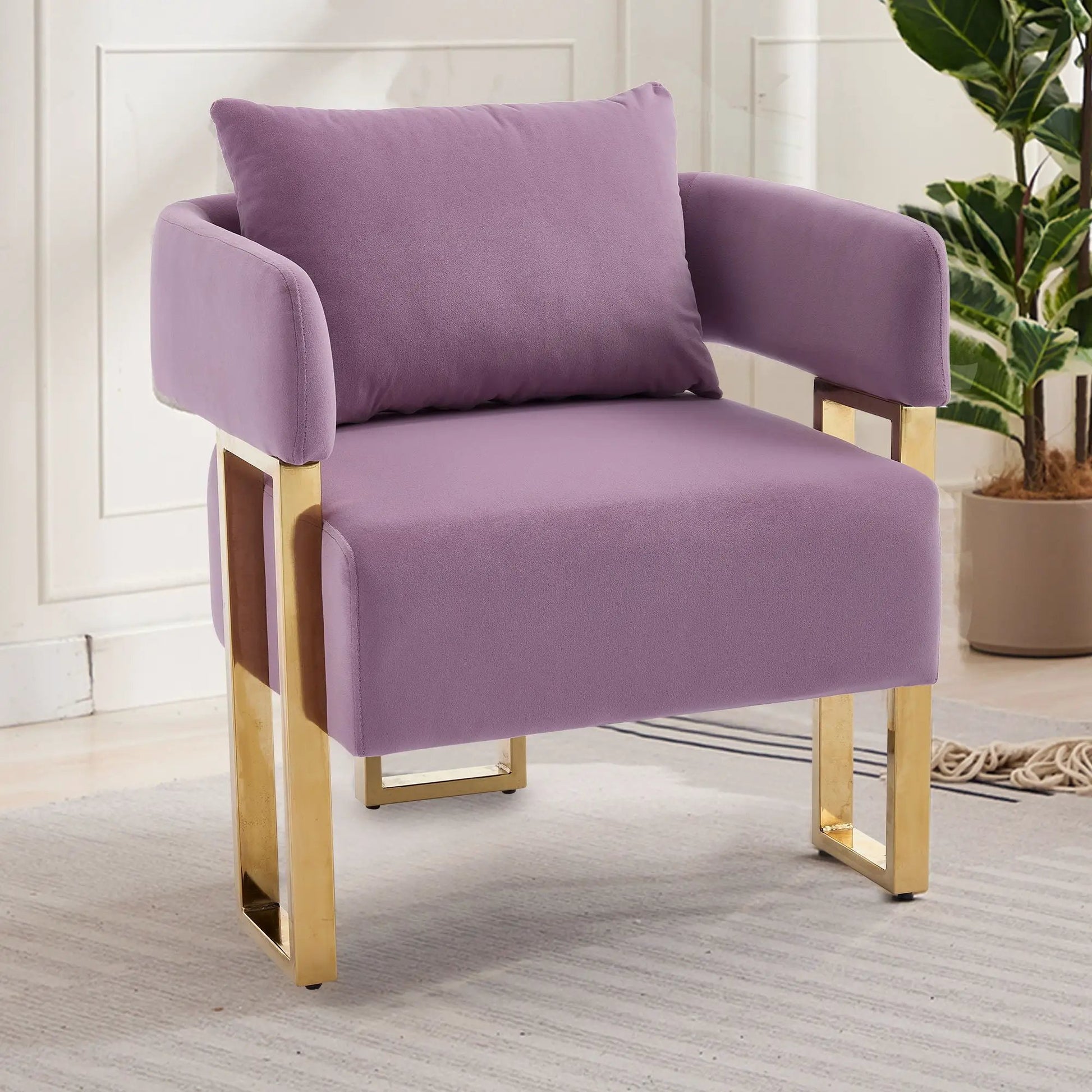 Modern decorative teddy fleece chair in lavender with gold metal legs on Tampa Home & Garden Store