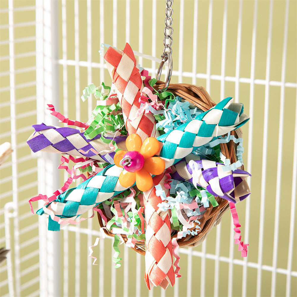 Parrot Bird Toy Gnawing Molar by Sell My Stuff, colorful braided ribbons and flower accent in a hanging basket on Tampa Home & Garden Store