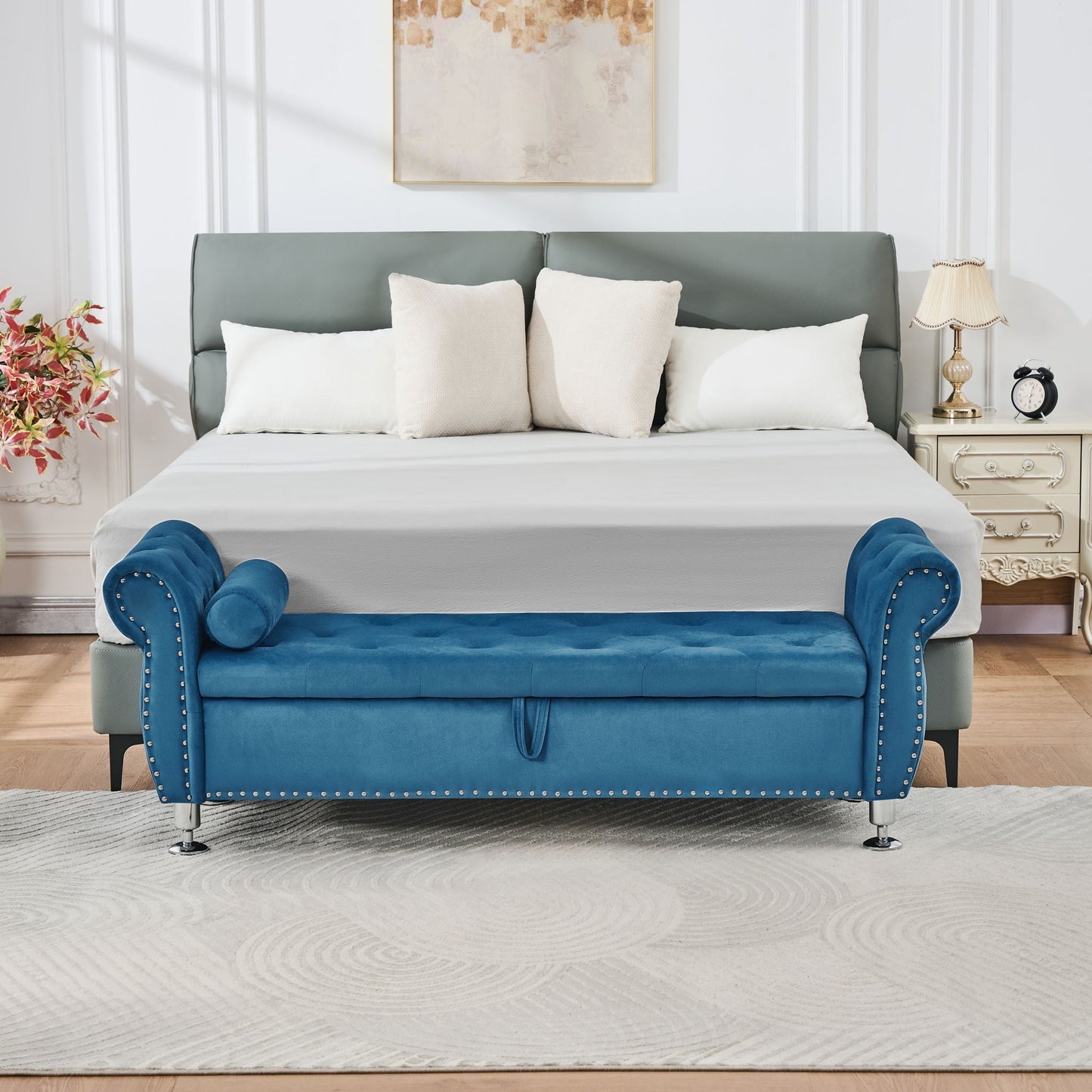 Storage Bench with Crystal Buttons and 1 Pillow in blue velvet at foot of bed on Tampa Home & Garden Store