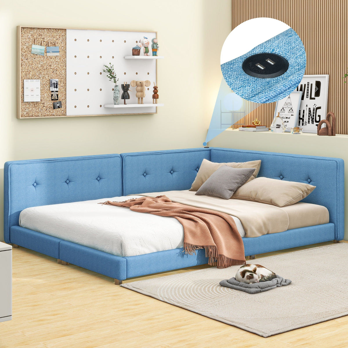 Modern Upholstered Platform Bed blue fabric with USB ports and LED belt by HouseOfZazla on Tampa Home & Garden Store