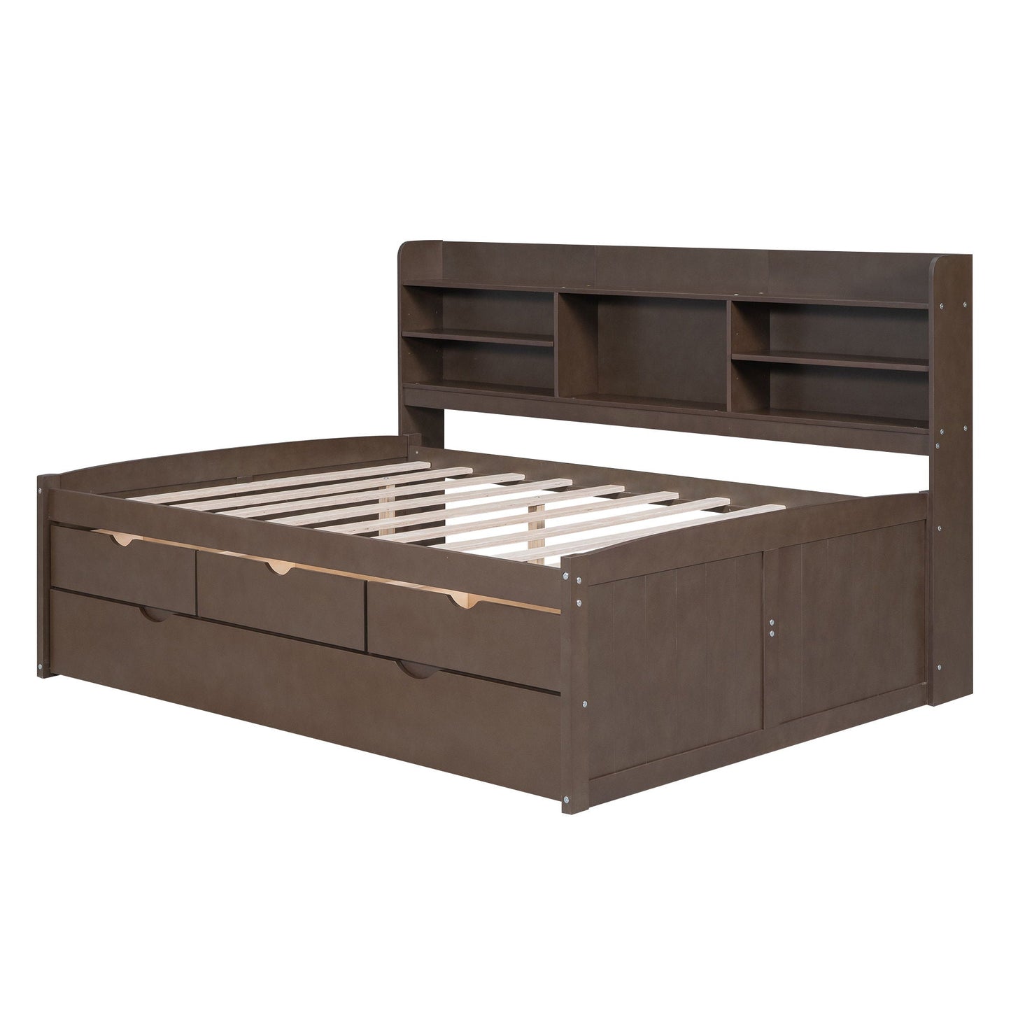 Captain Bed with built-in bookshelves, 3 storage drawers, and trundle in dark brown wood on Tampa Home & Garden Store