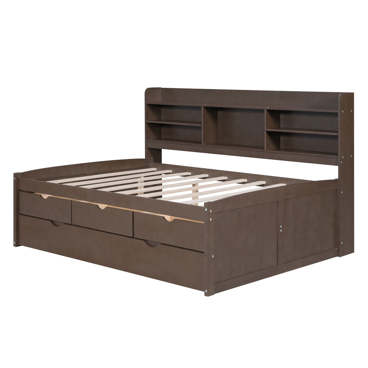 Captain Bed with built-in bookshelves, 3 storage drawers, and trundle in dark brown wood on Tampa Home & Garden Store