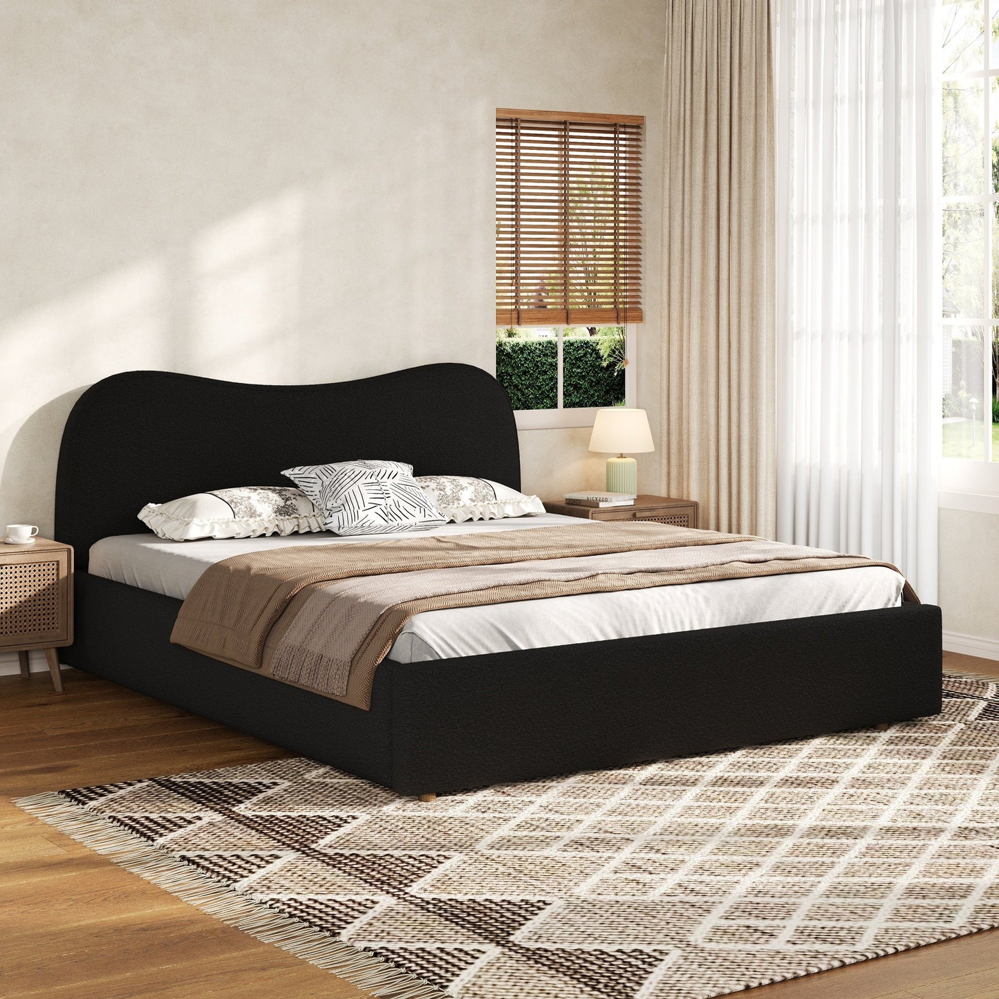 Queen size upholstered platform bed by HouseOfZazla in black fabric with wooden slats on Tampa Home & Garden Store