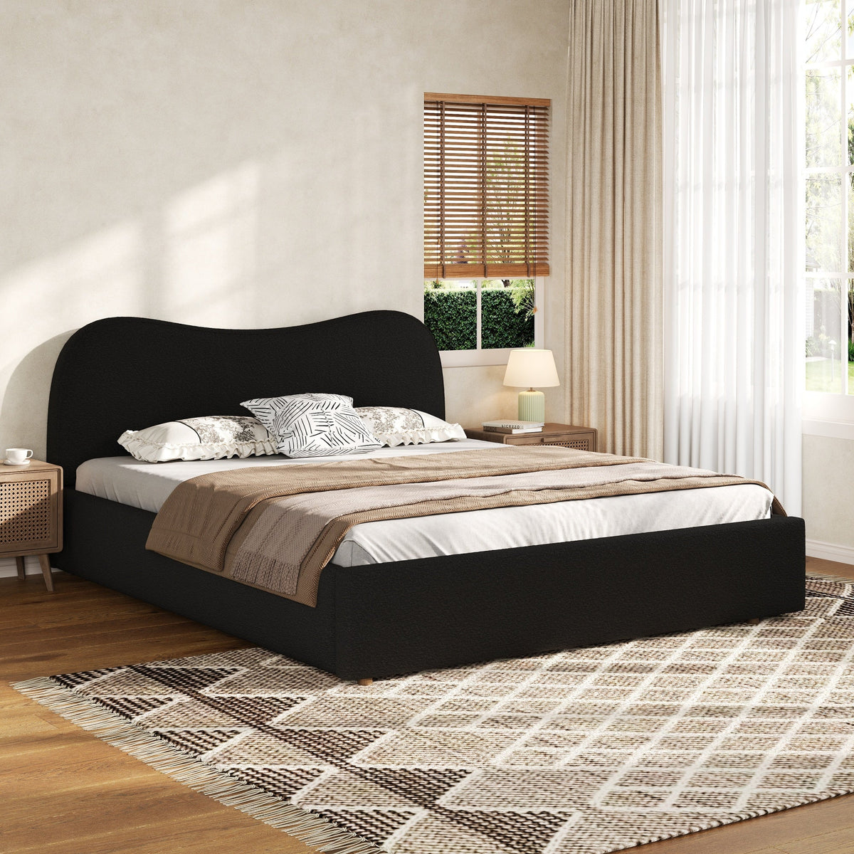 King size upholstered platform bed with wooden slats by HouseOfZazla, black headboard on Tampa Home & Garden Store