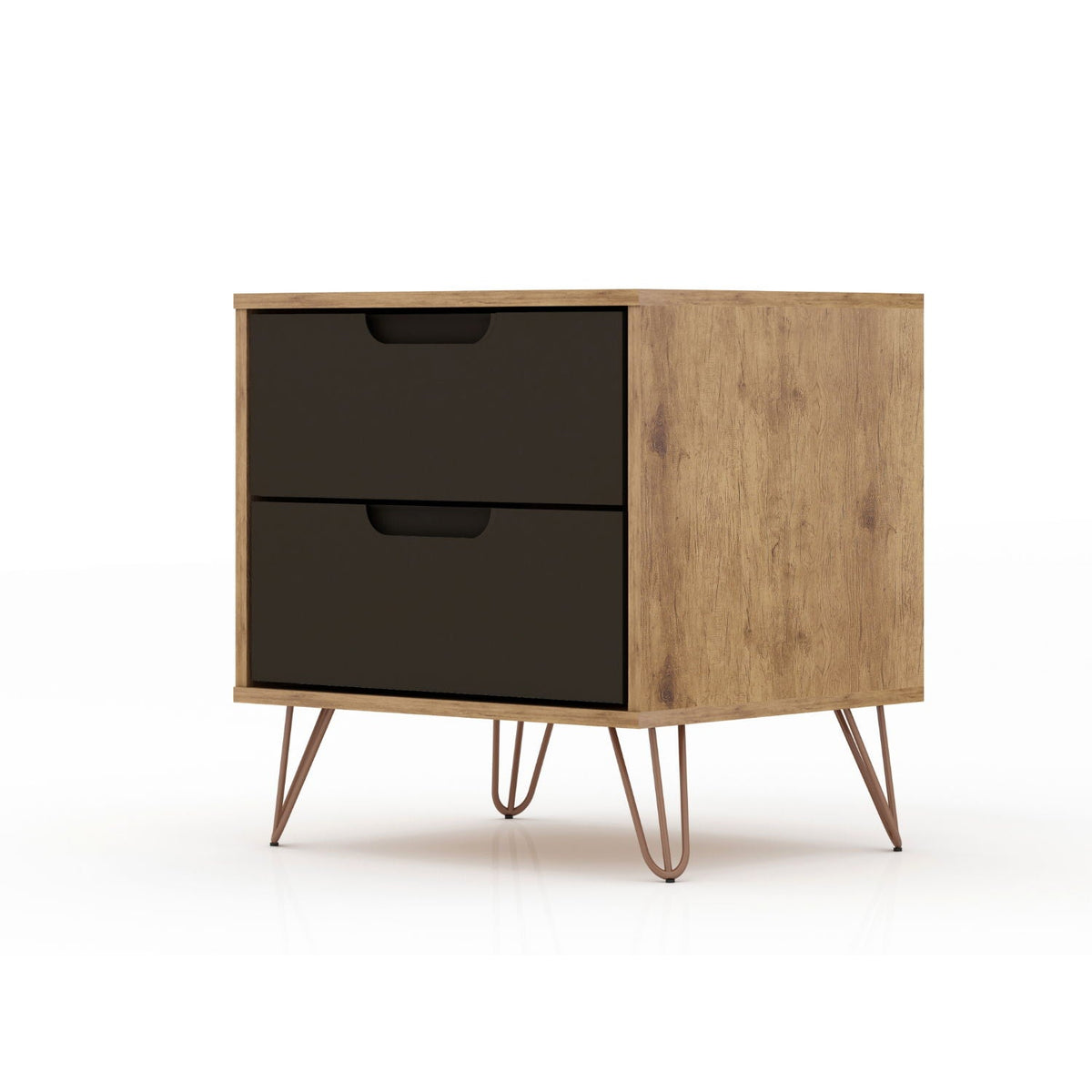 2 Drawer Nightstand by HouseOfZazla in oak finish with black fronts and copper splayed legs on Tampa Home & Garden Store