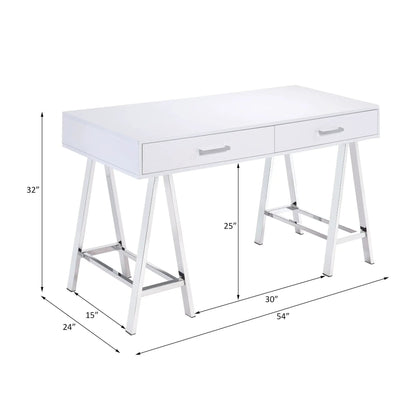 Coleen high-gloss writing desk with USB, white finish, two drawers, metal legs on Tampa Home & Garden Store