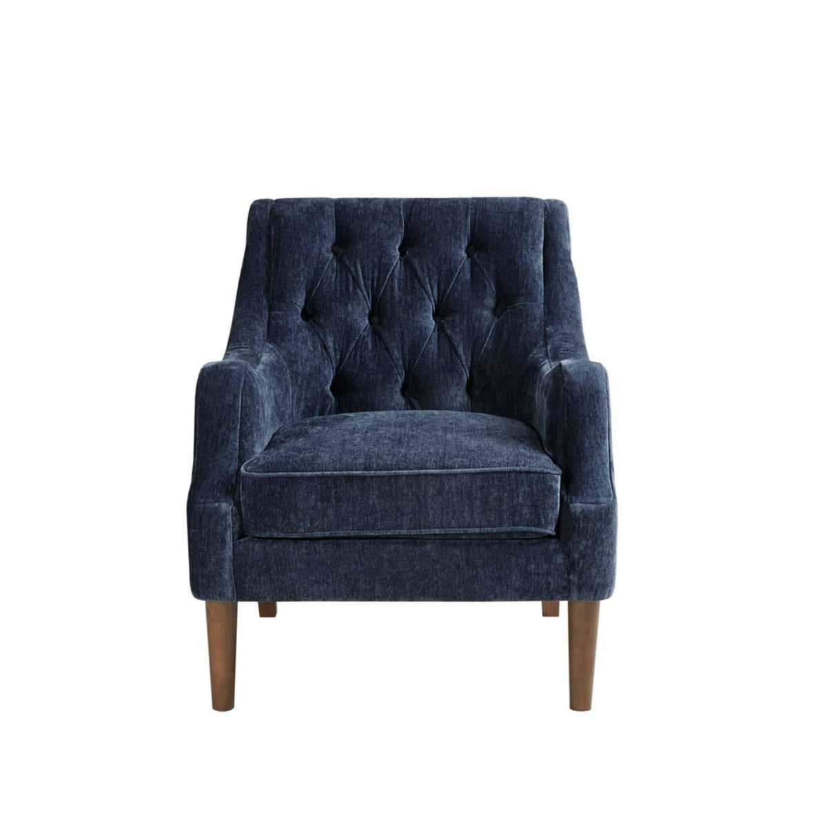 Navy blue velvet button-tufted accent arm chair with removable cushion and wood legs on Tampa Home & Garden Store