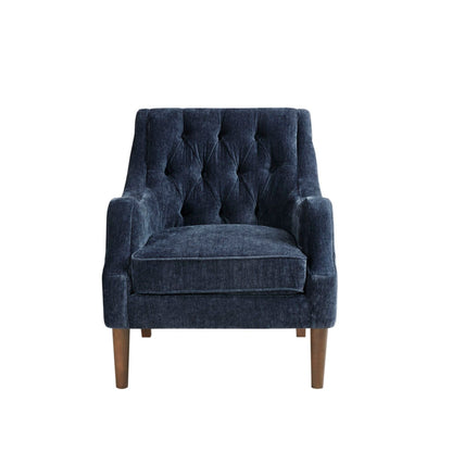 Navy blue velvet button-tufted accent arm chair with removable cushion and wood legs on Tampa Home & Garden Store