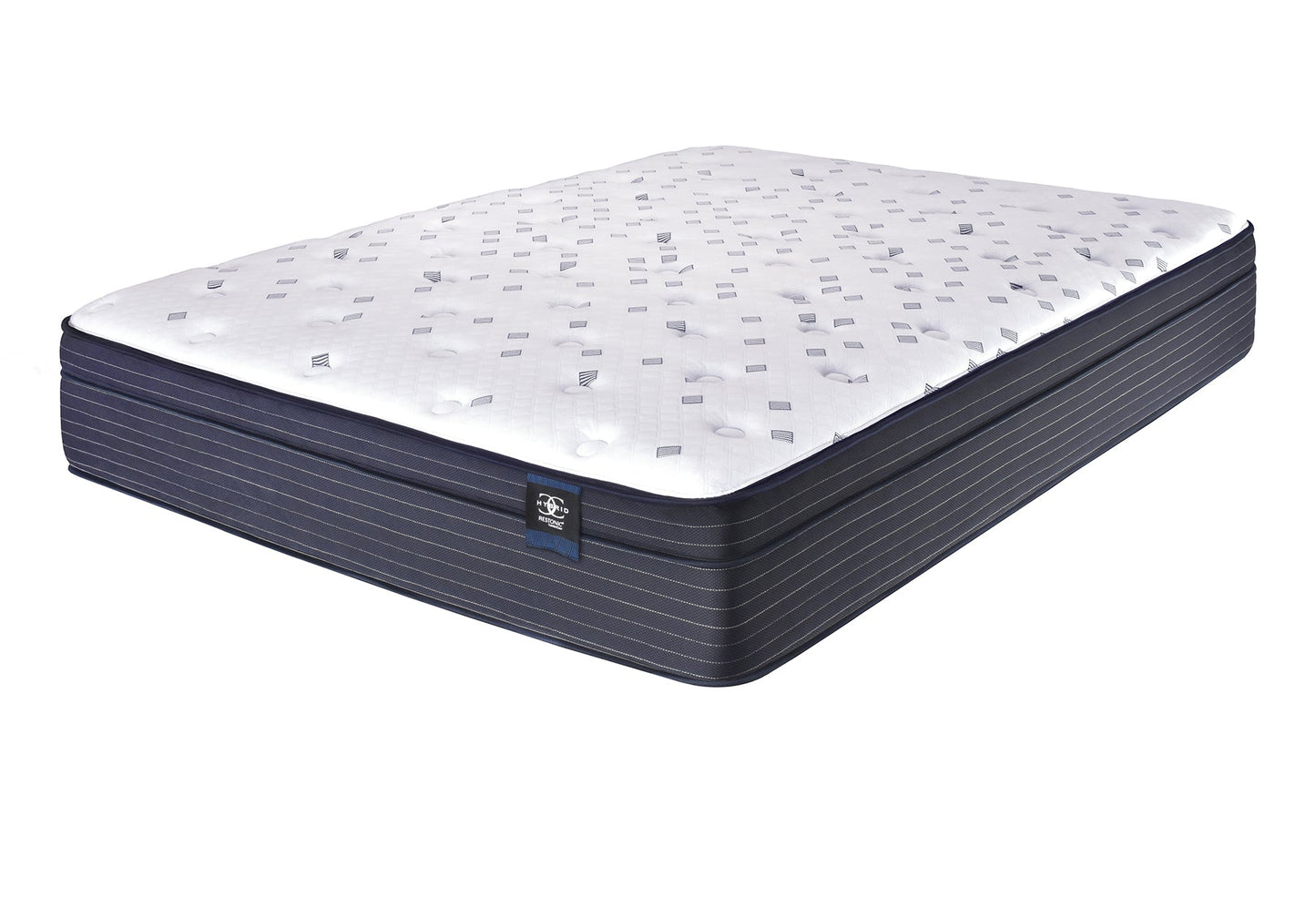 Restonic Comfortcare Hybrid Euro Top Mattress, white quilted top with navy pinstriped sides on Tampa Home & Garden Store