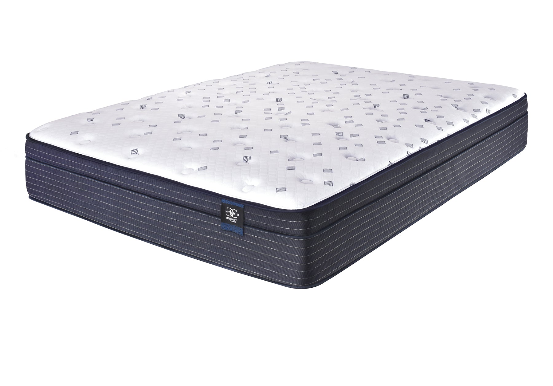 Restonic Comfortcare Hybrid Euro Top Mattress on dark blue pinstripe base with tag on Tampa Home & Garden Store