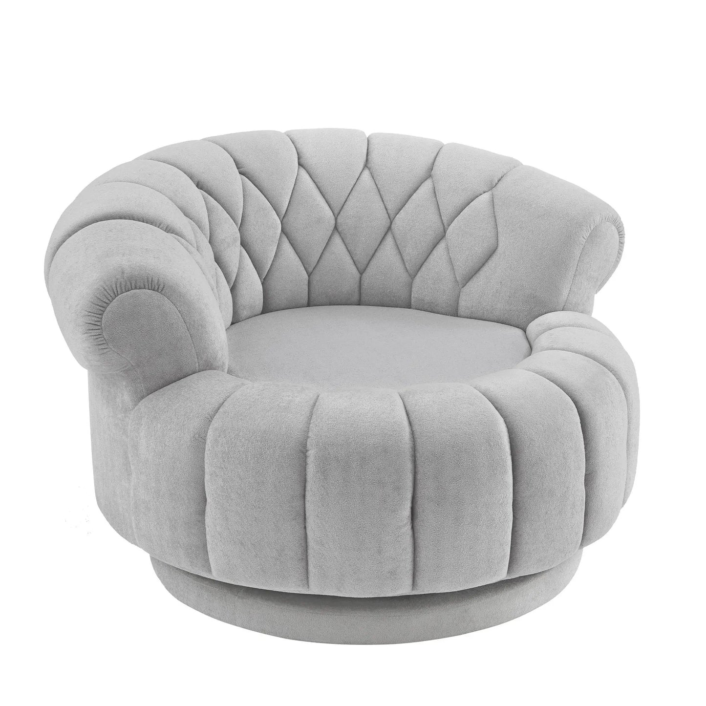 Round swivel accent chair with rotation in light gray tufted fabric upholstery on Tampa Home & Garden Store