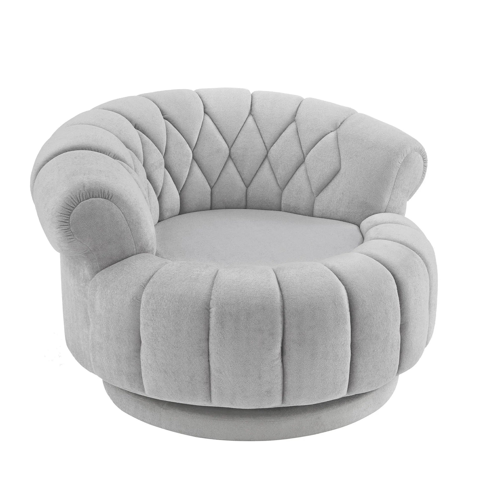Round swivel accent chair with rotation in light gray tufted fabric upholstery on Tampa Home & Garden Store