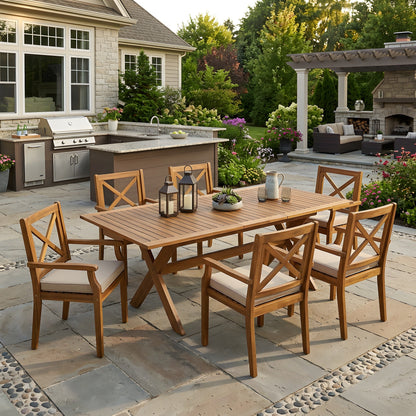 7-piece acacia wood outdoor dining set in teak finish with cream cushions on Tampa Home & Garden Store