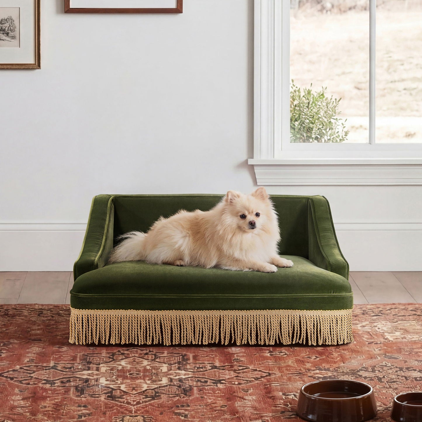 Duchess Pet Bed Sofa in emerald green velvet with fringed base HouseOfZazla on Tampa Home & Garden Store