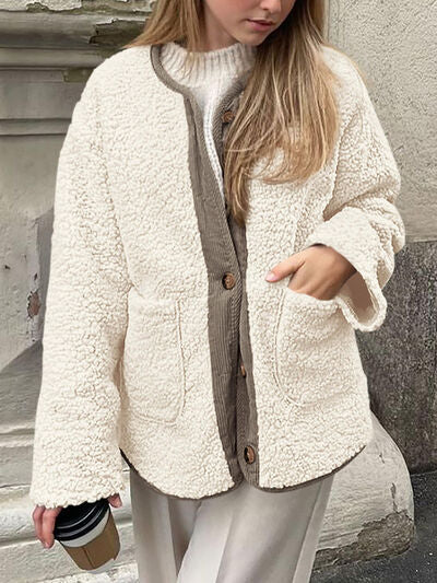 Stevvex cream sherpa jacket with brown trim, button-up front and two large pockets on Tampa Home & Garden Store