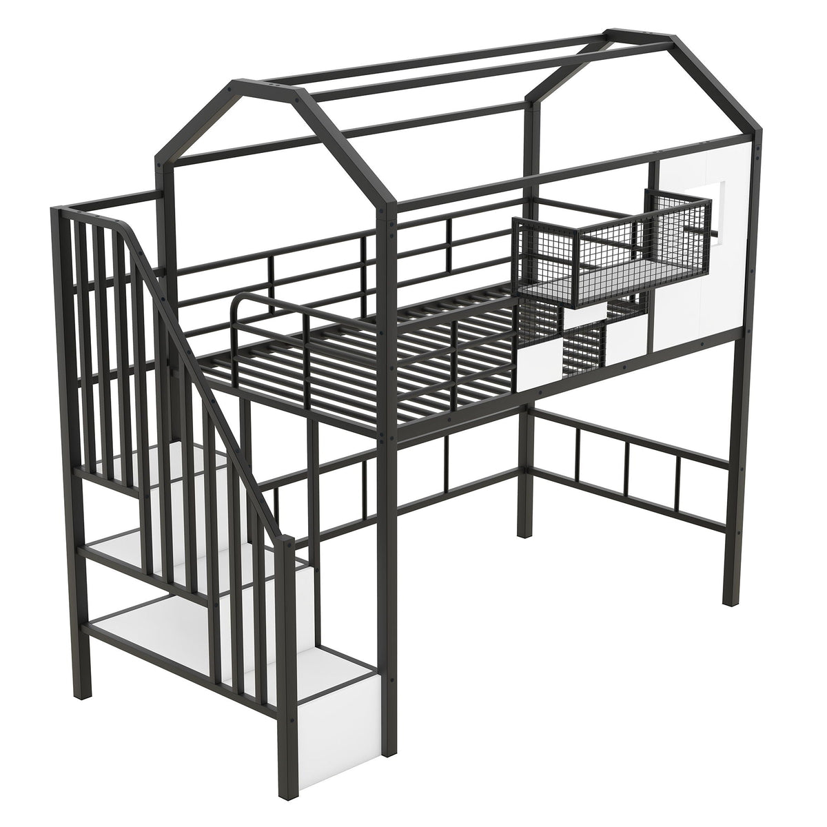 Metal loft bed frame by HouseOfZazla with roof, guardrails, ladder and storage box, steel on Tampa Home & Garden Store