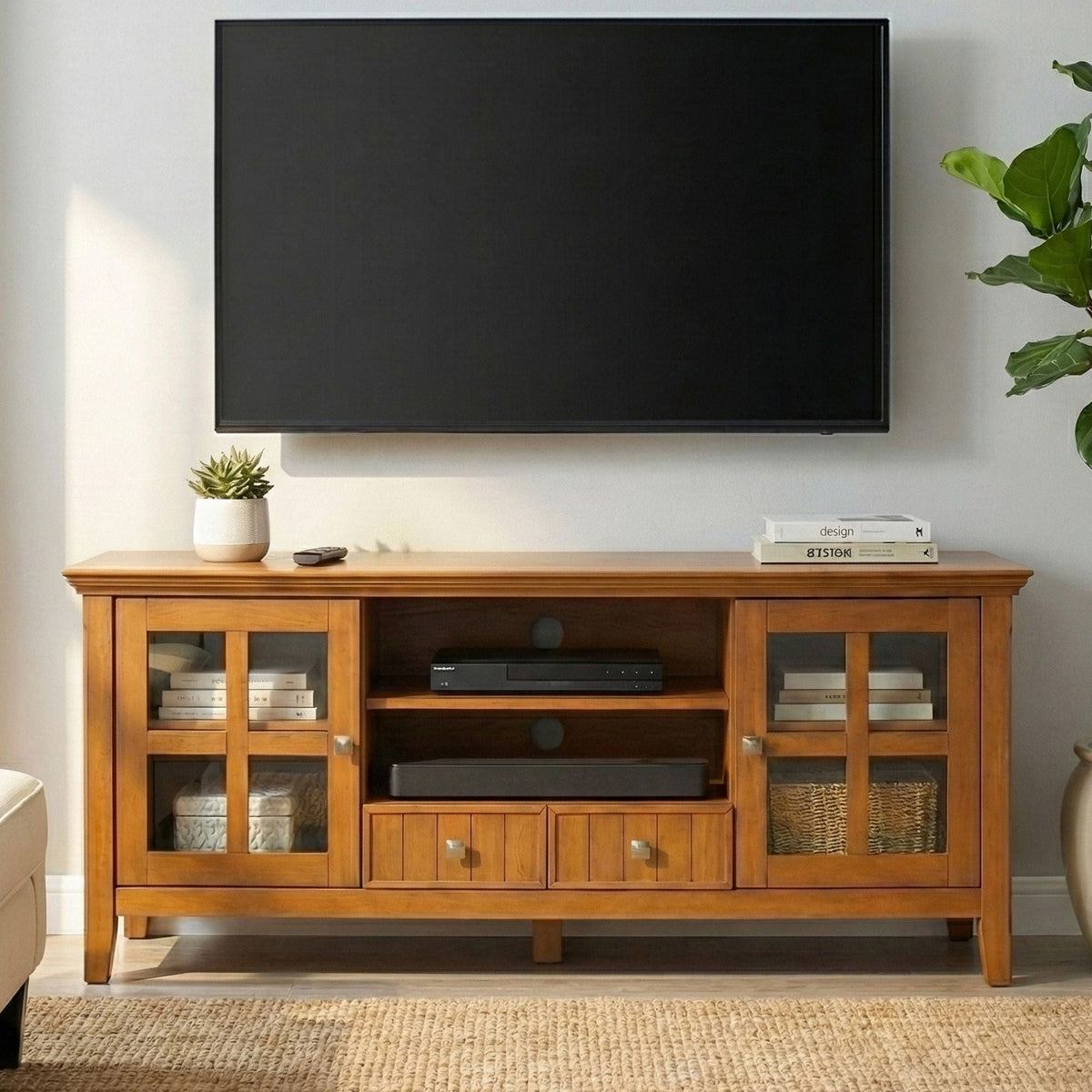 Solid wood TV stand with drawer and cabinet storage in warm brown finish by HouseOfZazla on Tampa Home & Garden Store