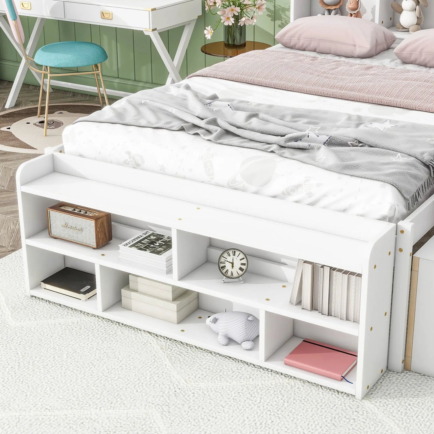 Bed With Bookcase Headboard and Under Bed Storage