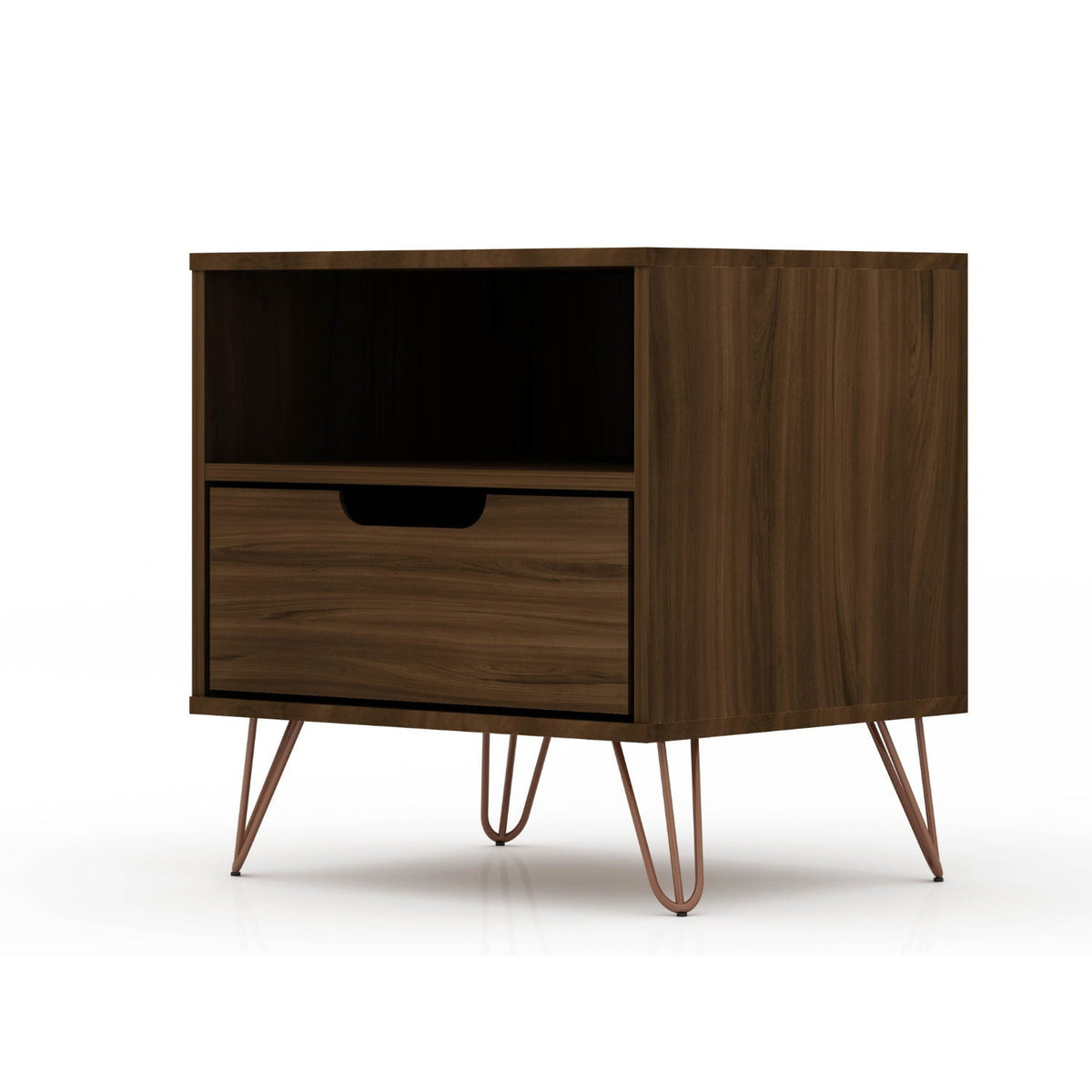 Rockefeller Nightstand with 1 drawer and open shelf in walnut finish, splayed copper legs on Tampa Home & Garden Store